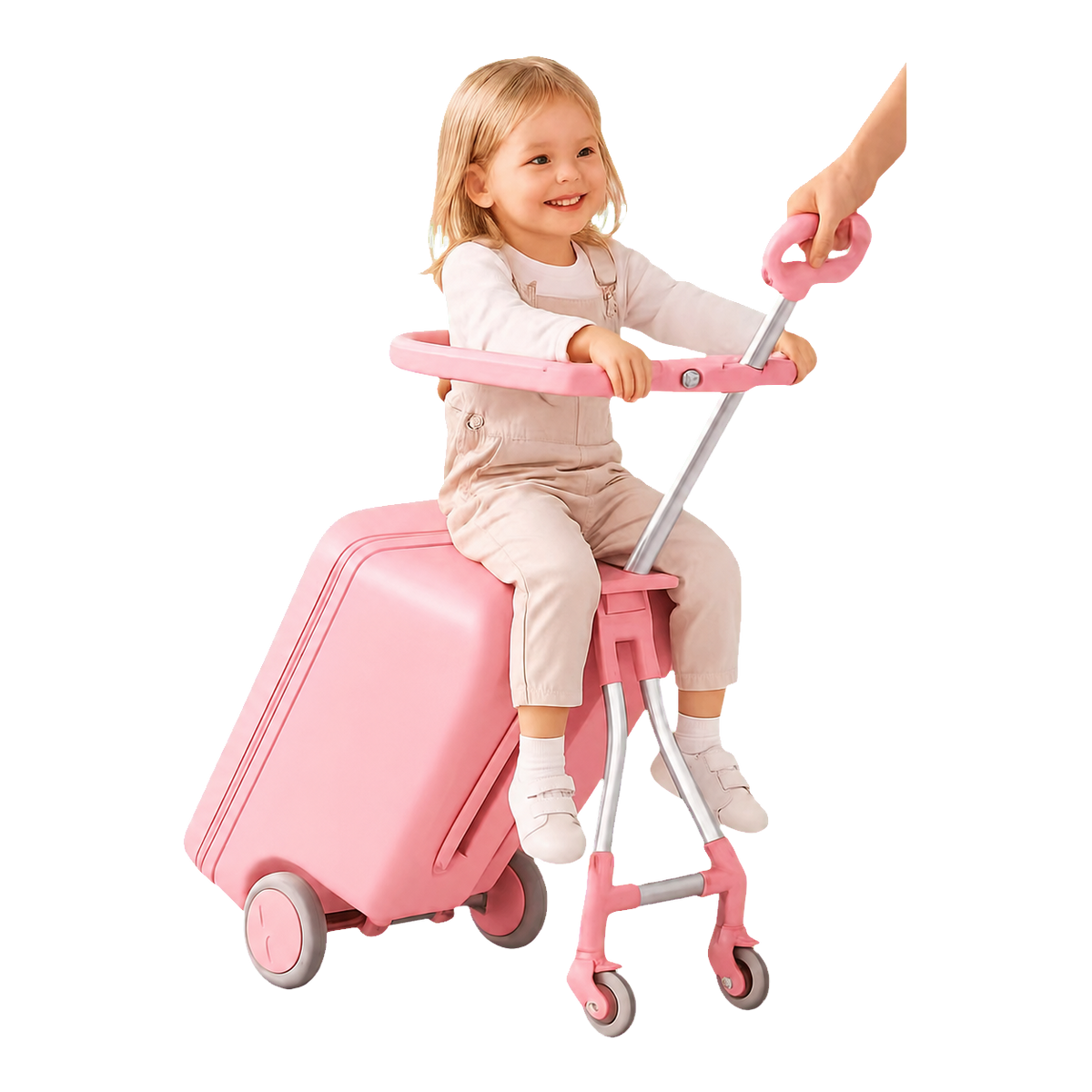 Child seated on the Blossom Pink VORLIVA 20-inch ride-on suitcase stroller with an adult pushing