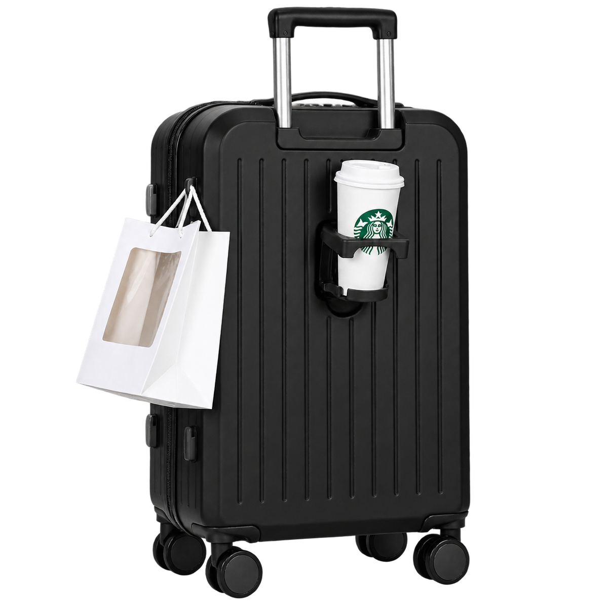 4-in-1 Travel Suitcase with Phone Holder, Cup Holder, Scratch-Resistant Shell & Smart Travel Design