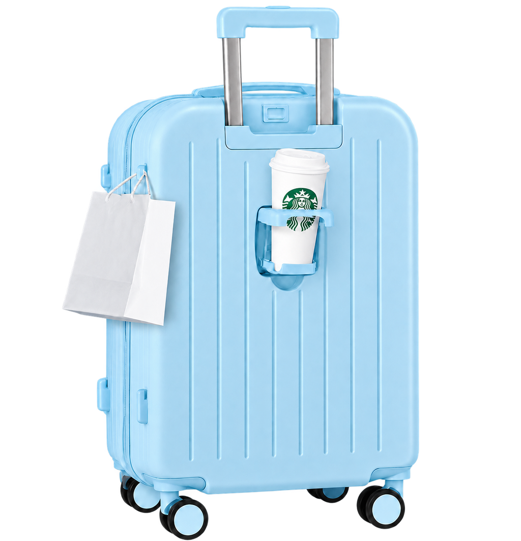 4-in-1 Travel Suitcase with Phone Holder, Cup Holder, Scratch-Resistant Shell & Smart Travel Design