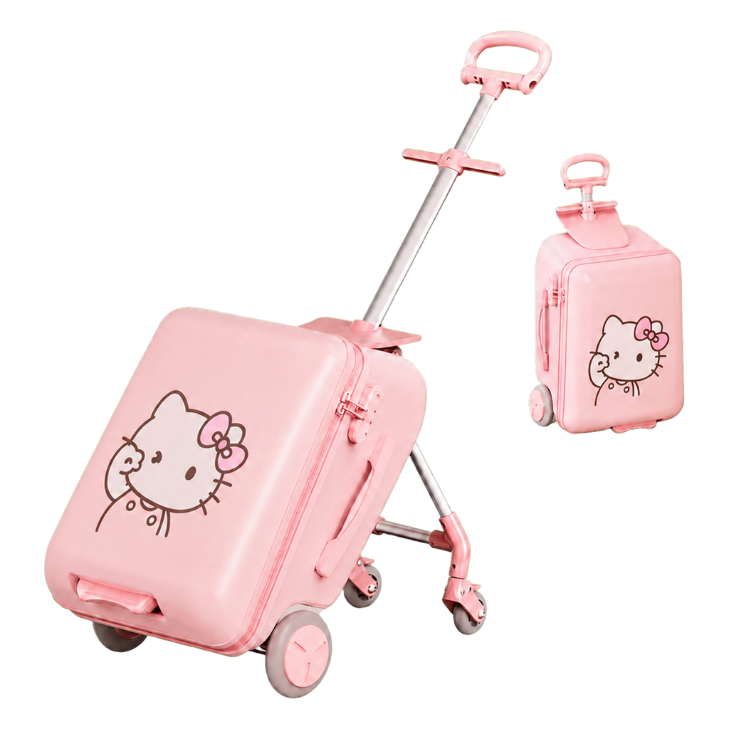 Blossom Pink Cat Edition VORLIVA kids ride-on luggage shown in stroller and suitcase modes