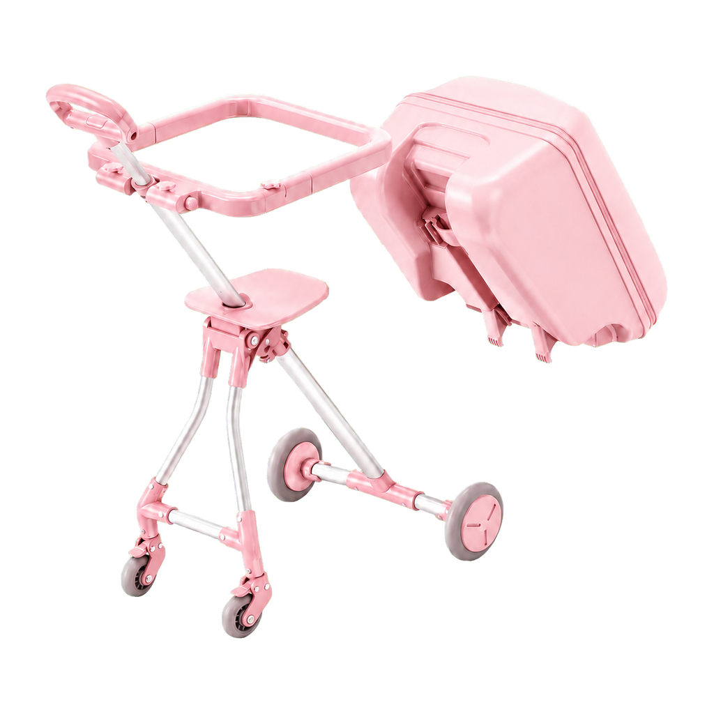 Blossom Pink VORLIVA suitcase and fully unfolded stroller frame