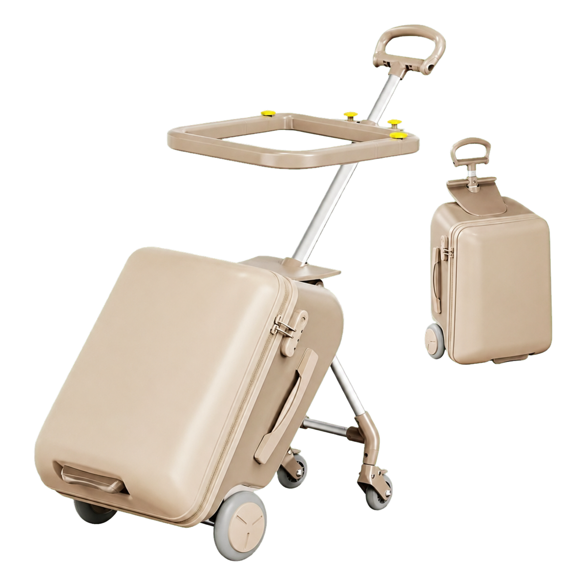 Champagne Gold VORLIVA kids ride-on luggage shown in stroller and suitcase modes
